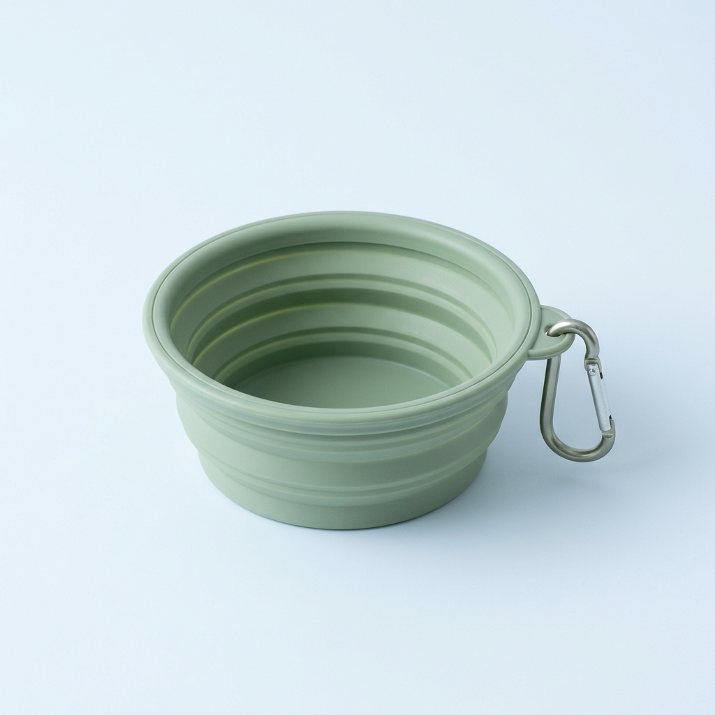 Generated sample ad image of a sage-green collapsible pet bowl